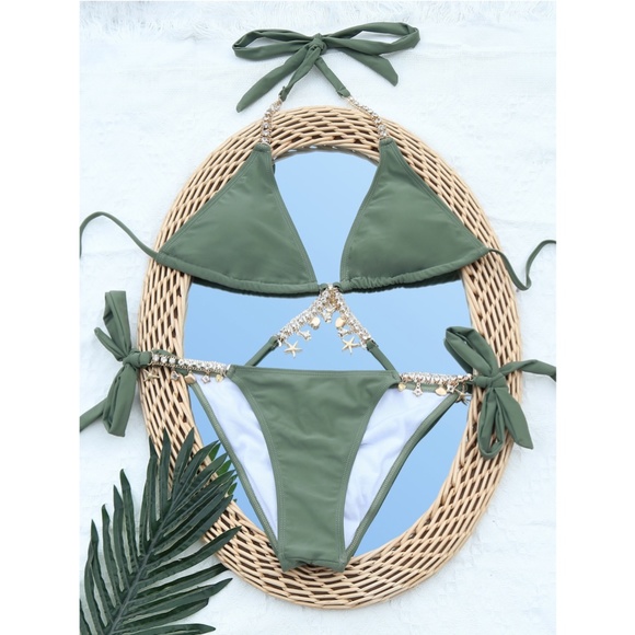Rhinestone Embellished Bikini Swimsuit Army Green - Picture 3 of 7